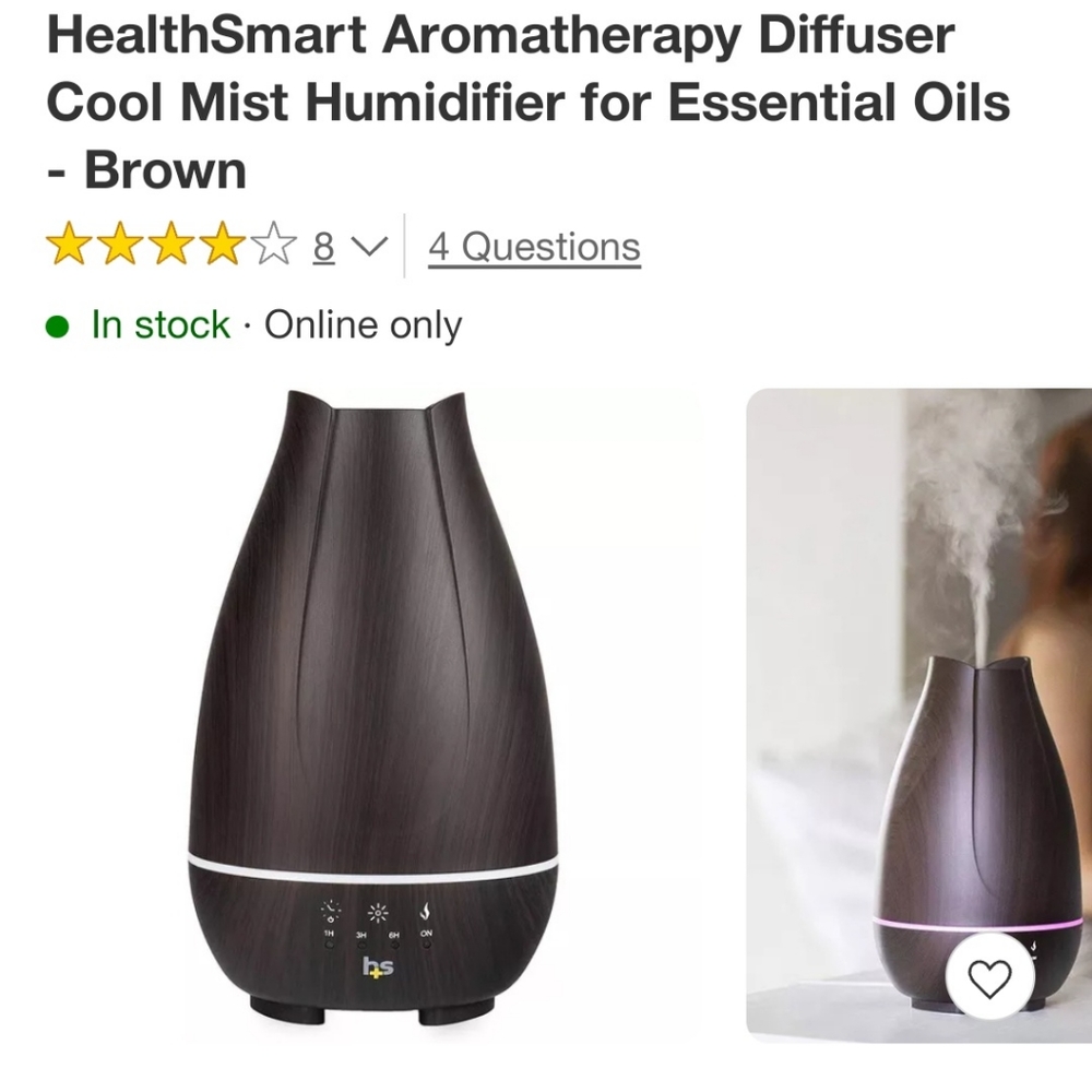 HealthSmart Aromatherapy Diffuser Cool Mist Humidifier for Essential Oils -Brown
